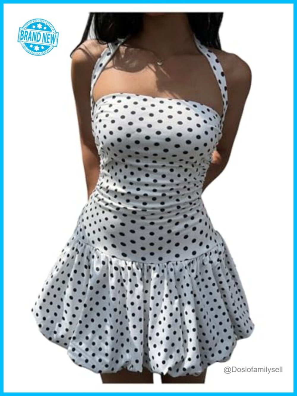 Women's Polka Dot Halter Mini Bubble Dress Ruched Waist Y2K Sleeveless